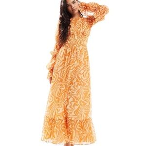 ASOS Design curve shirred tiered maxi Orange Swirl Long Sleeve Dress